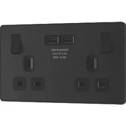 British General Evolve 13A 2-Gang SP Switched Socket + 3.1A 2-Outlet Type A USB Charger Matt Black with Black Inserts -British General Switches & Sockets Store 420RF A3
