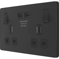 British General Evolve 13A 2-Gang SP Switched Socket + 3.1A 2-Outlet Type A USB Charger Matt Black with Black Inserts