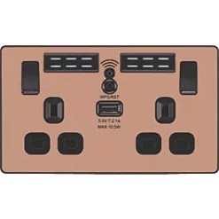 British General Evolve 13A 2-Gang SP Switched Double Socket With WiFi Extender + 2.1A 1-Outlet Type A USB Charger Copper with Black Inserts -British General Switches & Sockets Store 465RF A2