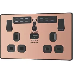 British General Evolve 13A 2-Gang SP Switched Double Socket With WiFi Extender + 2.1A 1-Outlet Type A USB Charger Copper with Black Inserts -British General Switches & Sockets Store 465RF A3