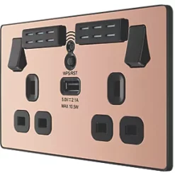 British General Evolve 13A 2-Gang SP Switched Double Socket With WiFi Extender + 2.1A 1-Outlet Type A USB Charger Copper with Black Inserts