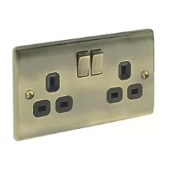 British General Nexus Metal 13A 2-Gang DP Switched Plug Socket Antique Brass with Black Inserts -British General Switches & Sockets Store 46623 A2
