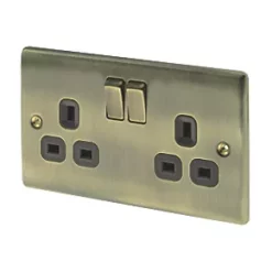 British General Nexus Metal 13A 2-Gang DP Switched Plug Socket Antique Brass with Black Inserts