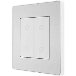 British General Evolve 2-Gang 2-Way LED Double Secondary Touch Trailing Edge Dimmer Switch Brushed Steel with White Inserts