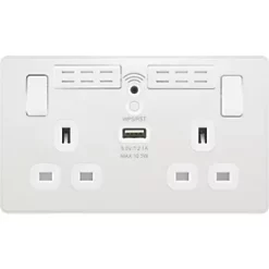 British General Evolve 13A 2-Gang SP Switched Double Socket With WiFi Extender + 2.1A 1-Outlet Type A USB Charger White with White Inserts -British General Switches & Sockets Store 479RF A2
