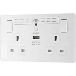 British General Evolve 13A 2-Gang SP Switched Double Socket With WiFi Extender + 2.1A 1-Outlet Type A USB Charger White with White Inserts -British General Switches & Sockets Store 479RF A3