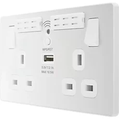 British General Evolve 13A 2-Gang SP Switched Double Socket With WiFi Extender + 2.1A 1-Outlet Type A USB Charger White with White Inserts