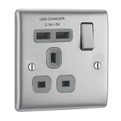 British General Nexus Metal 13A 1-Gang SP Switched Socket + 2.1A 2-Outlet Type A USB Charger Brushed Steel with Graphite Inserts