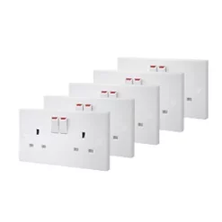 British General 900 Series 13A 2-Gang SP Switched Plug Socket White 5 Pack