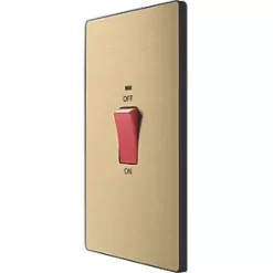 British General Evolve 45A 1-Gang 2-Pole Cooker Switch Satin Brass with LED with Black Inserts