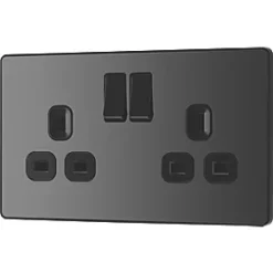 British General Evolve 13A 2-Gang SP Switched Socket Black with Black Inserts -British General Switches & Sockets Store 499RF A3