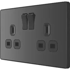 British General Evolve 13A 2-Gang SP Switched Socket Black with Black Inserts -British General Switches & Sockets Store 499RF A4