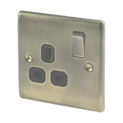British General Nexus Metal 13A 1-Gang DP Switched Plug Socket Antique Brass with Black Inserts