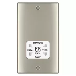 British General Nexus Metal 2-Gang Dual Voltage Shaver Socket 115/240V Pearl Nickel with White Inserts -British General Switches & Sockets Store 528PY A2