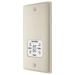 British General Nexus Metal 2-Gang Dual Voltage Shaver Socket 115/240V Pearl Nickel with White Inserts