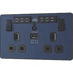 British General Evolve 13A 2-Gang SP Switched Double Socket With WiFi Extender + 2.1A 1-Outlet Type A USB Charger Blue with Black Inserts -British General Switches & Sockets Store 544RF A3