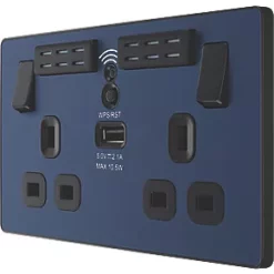 British General Evolve 13A 2-Gang SP Switched Double Socket With WiFi Extender + 2.1A 1-Outlet Type A USB Charger Blue with Black Inserts