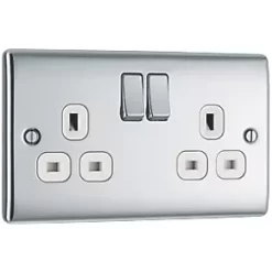British General Nexus Metal 13A 2-Gang DP Switched Plug Socket Polished Chrome with White Inserts -British General Switches & Sockets Store 547FT A2