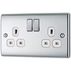 British General Nexus Metal 13A 2-Gang DP Switched Plug Socket Polished Chrome with White Inserts
