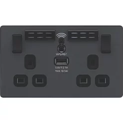 British General Evolve 13A 2-Gang SP Switched Double Socket With WiFi Extender + 2.1A 1-Outlet Type A USB Charger Grey with Black Inserts -British General Switches & Sockets Store 547RF A2