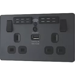 British General Evolve 13A 2-Gang SP Switched Double Socket With WiFi Extender + 2.1A 1-Outlet Type A USB Charger Grey with Black Inserts -British General Switches & Sockets Store 547RF A3