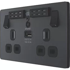 British General Evolve 13A 2-Gang SP Switched Double Socket With WiFi Extender + 2.1A 1-Outlet Type A USB Charger Grey with Black Inserts