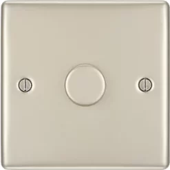 British General Nexus Metal 1-Gang 2-Way LED Trailing Edge Single Push Dimmer Switch with Rotary Control Pearl Nickel with Colour-Matched Inserts -British General Switches & Sockets Store 58878 A2