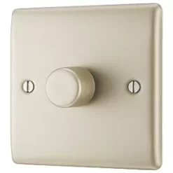 British General Nexus Metal 1-Gang 2-Way LED Trailing Edge Single Push Dimmer Switch with Rotary Control Pearl Nickel with Colour-Matched Inserts -British General Switches & Sockets Store 58878 A3