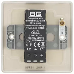 British General Nexus Metal 1-Gang 2-Way LED Trailing Edge Single Push Dimmer Switch with Rotary Control Pearl Nickel with Colour-Matched Inserts -British General Switches & Sockets Store 58878 A5