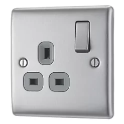 British General Nexus Metal 13A 1-Gang SP Switched Plug Socket Brushed Steel with Graphite Inserts