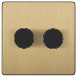 British General Evolve 2-Gang 2-Way LED Trailing Edge Double Push Dimmer with Rotary Control Satin Brass with Black Inserts -British General Switches & Sockets Store 601PY A2