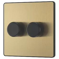 British General Evolve 2-Gang 2-Way LED Trailing Edge Double Push Dimmer with Rotary Control Satin Brass with Black Inserts