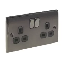 British General Nexus Metal 13A 2-Gang DP Switched Plug Socket Black Nickel with Black Inserts -British General Switches & Sockets Store 61020 A2