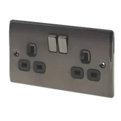 British General Nexus Metal 13A 2-Gang DP Switched Plug Socket Black Nickel with Black Inserts