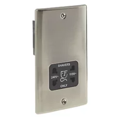 British General Nexus Metal 2-Gang Dual Voltage Shaver Socket 115 / 240V Brushed Iridium with Black Inserts -British General Switches & Sockets Store 61684 A2