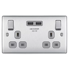 British General Nexus Metal 13A 2-Gang SP Switched Socket + 3.1A 2-Outlet Type A USB Charger Brushed Steel with Graphite Inserts 2 British General Nexus Metal 13A 2-Gang SP Switched Socket + 3.1A 2-Outlet Type A USB Charger Brushed Steel with Graphite Inserts - Image 2