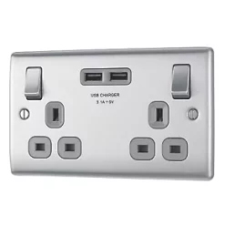 British General Nexus Metal 13A 2-Gang SP Switched Socket + 3.1A 2-Outlet Type A USB Charger Brushed Steel with Graphite Inserts