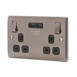 British General Nexus Metal 13A 2-Gang SP Switched Socket + 3.1A 2-Outlet Type A USB Charger Brushed Iridium with Black Inserts