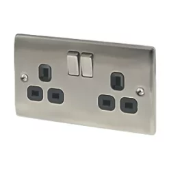 British General Nexus Metal 13A 2-Gang DP Switched Plug Socket Brushed Iridium with Black Inserts
