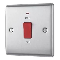 British General Nexus Metal 45A 1-Gang DP Cooker Switch Brushed Steel with LED