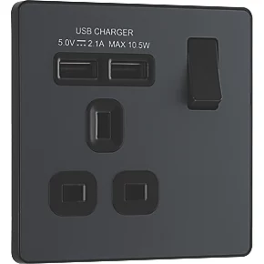 British General Evolve 13A 1-Gang SP Switched Socket + 2.1A 2-Outlet Type A USB Charger Grey with Black Inserts 2 British General Evolve 13A 1-Gang SP Switched Socket + 2.1A 2-Outlet Type A USB Charger Grey with Black Inserts - Image 2
