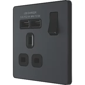 British General Evolve 13A 1-Gang SP Switched Socket + 2.1A 2-Outlet Type A USB Charger Grey with Black Inserts 1 British General Evolve 13A 1-Gang SP Switched Socket + 2.1A 2-Outlet Type A USB Charger Grey with Black Inserts
