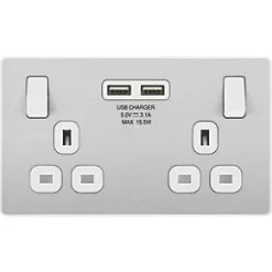 British General Evolve 13A 2-Gang SP Switched Socket + 3.1A 2-Outlet Type A USB Charger Brushed Steel with White Inserts -British General Switches & Sockets Store 652RF A2