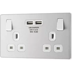British General Evolve 13A 2-Gang SP Switched Socket + 3.1A 2-Outlet Type A USB Charger Brushed Steel with White Inserts -British General Switches & Sockets Store 652RF A3