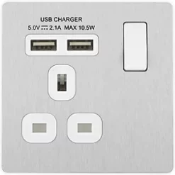 British General Evolve 13A 1-Gang SP Switched Socket + 2.1A 2-Outlet Type A USB Charger Brushed Steel with White Inserts -British General Switches & Sockets Store 669RF A2