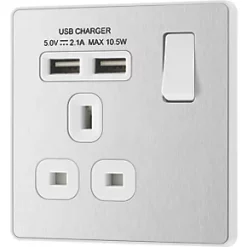 British General Evolve 13A 1-Gang SP Switched Socket + 2.1A 2-Outlet Type A USB Charger Brushed Steel with White Inserts -British General Switches & Sockets Store 669RF A3