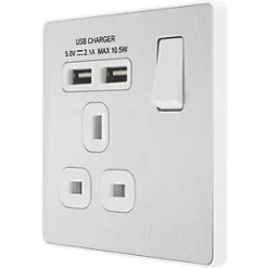 British General Evolve 13A 1-Gang SP Switched Socket + 2.1A 2-Outlet Type A USB Charger Brushed Steel with White Inserts