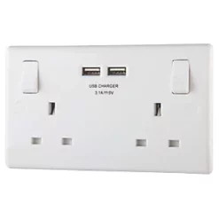 British General 800 Series 13A 2-Gang SP Switched Socket + 3.1A 2-Outlet Type A USB Charger White