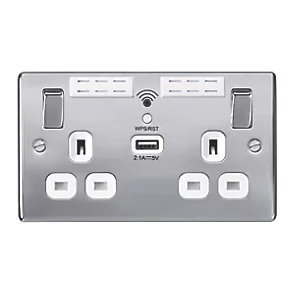 British General Nexus Metal 13A 2-Gang SP Switched Wi-Fi Extender Socket + 2.1A 1-Outlet Type A USB Charger Polished Chrome with White Inserts 2 British General Nexus Metal 13A 2-Gang SP Switched Wi-Fi Extender Socket + 2.1A 1-Outlet Type A USB Charger Polished Chrome with White Inserts - Image 2