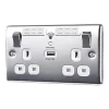 British General Nexus Metal 13A 2-Gang SP Switched Wi-Fi Extender Socket + 2.1A 1-Outlet Type A USB Charger Polished Chrome with White Inserts